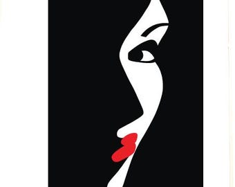 抽象的な女性の肖像画アートプリント：表現力豊かな赤と黒の線（即時