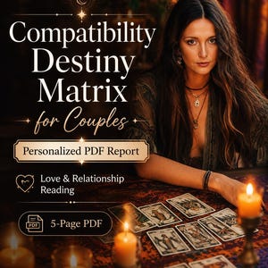 May include: A digital graphic for a Compatibility Destiny Matrix for Couples personalized PDF report. The text reads: Compatibility Destiny Matrix for Couples, Personalized PDF Report, Love & Relationship Reading, 5-Page PDF, Soul-Level Compatibility Insight.