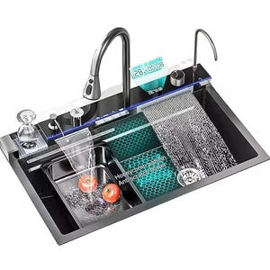 Modern LED Smart Kitchen Sink: Dual Basin Waterfall Faucet (29.53'' x 17.72'')