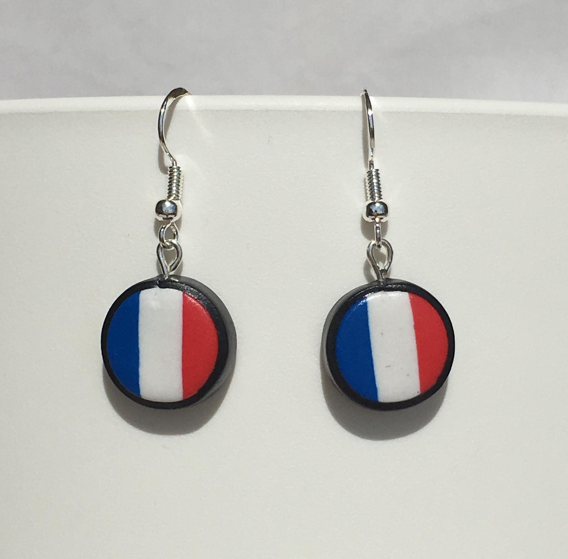 Boucles D'Oreilles Cuir Drapeau France - Pendantes En Forme De Larme - Pour Femmes