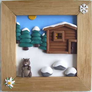 Decorative painting of a mountain chalet under the snow