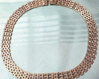 Vtg 1980s Gold Tone Brick Link Collar Necklace 15.5" Wide Panther Choker