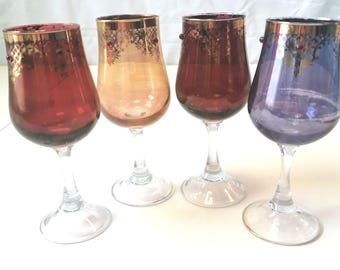 ANTIQUE Bohemian Cordial Glasses Set of 4 | Jeweled Gilt Ruby Amber Purple Gold