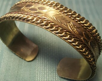 Vintage Brass Cuff Bangle Bracelet Raised Relief Etched Scrolled