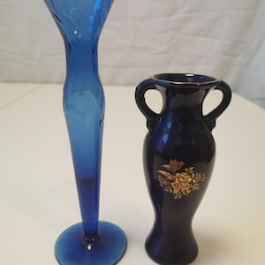 Pair of Vintage Cobalt Blue Vases- Glass Bud Vase Ceramic Compact Botanical Vase