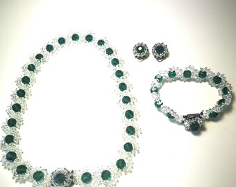 Schmuck Set Elegant Grüne Kristall Kette – Armband & Vintage Ohrringe