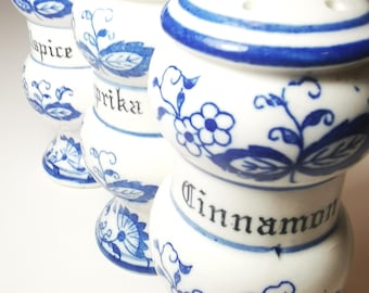 Trio of Spice Jars Blue & White Delft/Blue Onion Style French Country Vintage