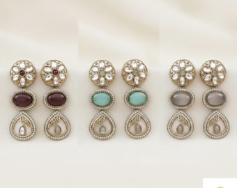 Traditional Kundan Polki Earrings | Gold Dangle Drop Earrings | Gemstone Wedding Jewelry | Statement Earrings | Bridesmaid Gift for Her