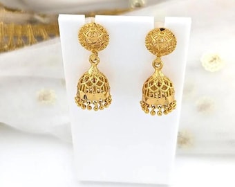 Traditional Gold Plated Jhumka Earrings, Indian Wedding Dangle Earrings, Pakistani Jhumki Earrings, Festive Jewelry, Bridesmaid Gift for Her
