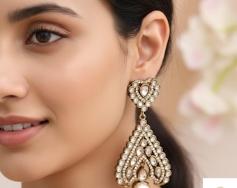 Gold Plated Stone Drop Earrings | Kundan Polki Pearl Statement Earrings | Bridesmaid Wedding Jewelry | Anniversary Jewelry Gift for Her