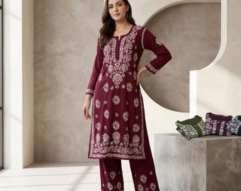 Women's Modal Kurti Pant Set, Floral Printed Ethnic Wear, Soft Breathable Indian Kurta Co-Ord Outfit, 2 Piece Set, Pakistani Festive Wear