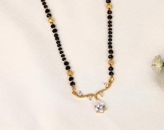 Black Beaded Mangalsutra Necklace with Teardrop Pendant, Gold Plated Indian Wedding Chain, Minimalist Jewelry, Anniversary Gift for Wife