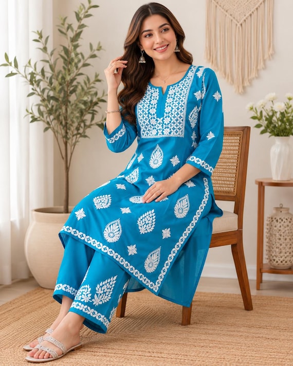 Women's Modal Palazzo Set, Embroidered Indian Kurta Set, Chikankari Style Ethnic Wear, Pakistani Suit, Summer Casual Wear, Gift for Her