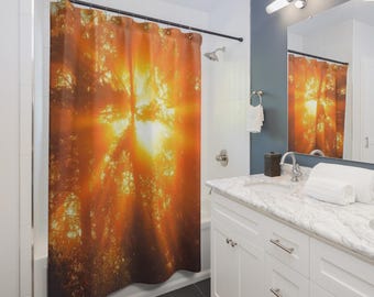 Cortina de ducha Sunburst brillante, ambiente natural para la decoración del baño, amarillo cálido y naranja, regalo para el hogar, estilo bohemio, para exteriores.