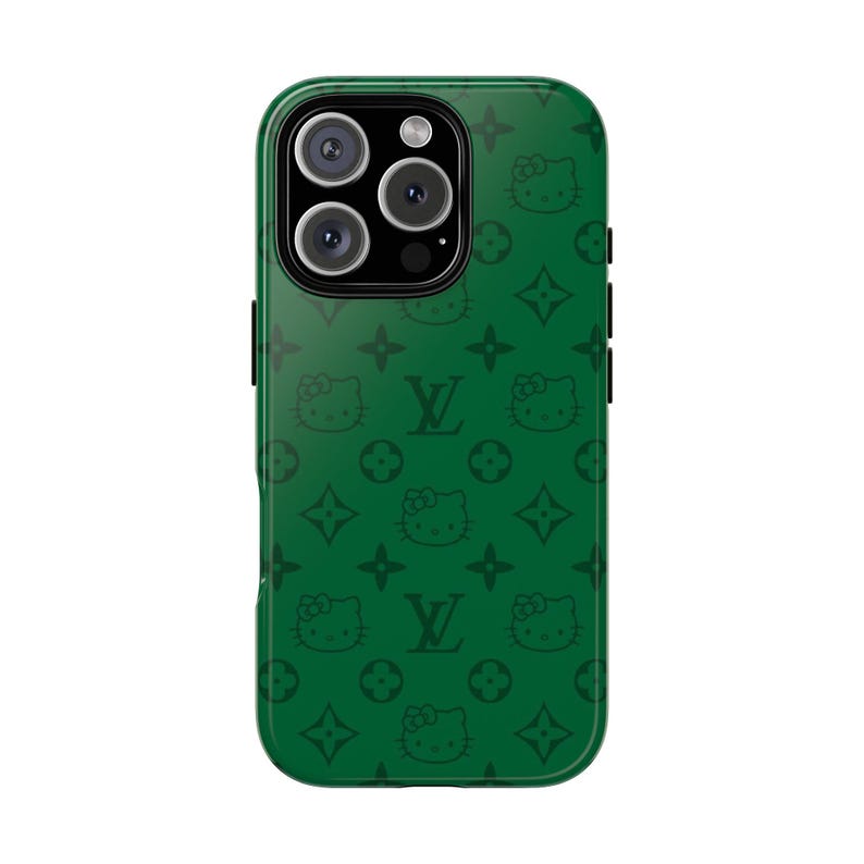 Stylish Phone Case: Tough Cases with Cute Hello Kitty Print, Trendy Accessory, Gift for Her, Phone Protection, Green Design image 1