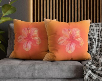 Vibrant Floral Pillowcase, Square Pillow Cover, Tropical Home Decor, Hibiscus Gift, Summer Vibes, Throw Pillow Case