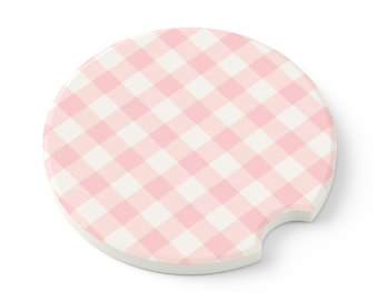 Cozy Pink Gingham Soapstone Car Coaster, Cute Auto Accessory, Car Décor, Gift for Her, Road Trip Essentials, Home & Living