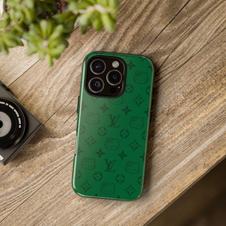 Stylish Phone Case: Tough Cases with Cute Hello Kitty Print, Trendy Accessory, Gift for Her, Phone Protection, Green Design image 4