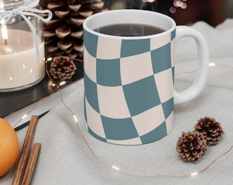 Wavy Sips Cozy Checkerboard Mug - Blue and Cream Wavy Ceramic Cup for Warm Drinks