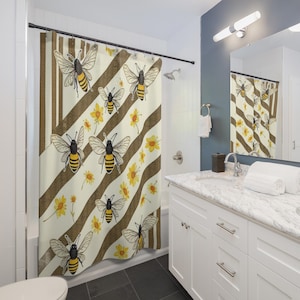 Bee-Inspired Shower Curtain - Floral Bee Decor for Bathroom, Nature Lover Gift, Eco-Friendly Home, Spring Decoration, Bee Lovers