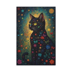 Colorful Cat Canvas Art Print, Whimsical Home Decor, Cat Lover Gift, Floral Wall Art, Vibrant Animal Illustration