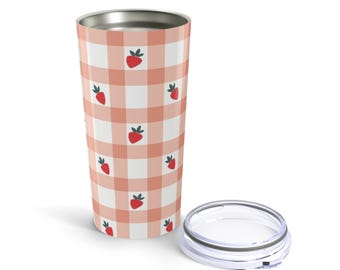 Vaso de cuadros escoceses con diseño de fresa, bonito vaso de viaje, vajilla de verano, imprescindible para pícnic, regalo para amigos