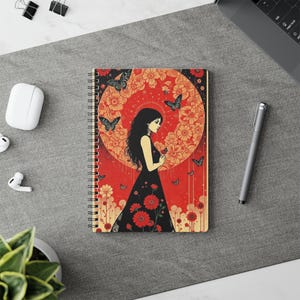 Cahier artistique à reliure spirale - Motif floral et papillon, parfait pour la rédaction d'un journal, l'écriture créative, cadeau pour elle, format A5