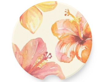 Floral Soapstone Car Coaster Set - Tropical Hibiscus Design, Unique Gift for Car Lovers, Home Decor, Summer Vibes, Road Trip Essentials