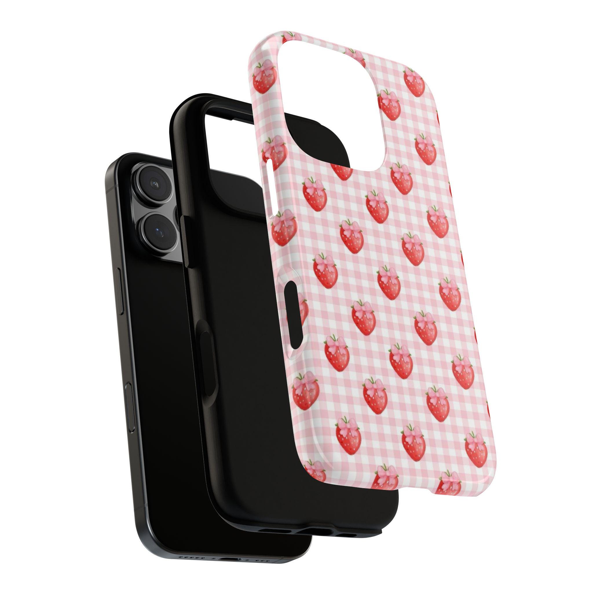 Cute Strawberry Phone Case, Tough iPhone Cover, Pink Gingham