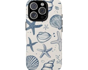 May include: A white phone case with a blue and white seashell and starfish pattern.