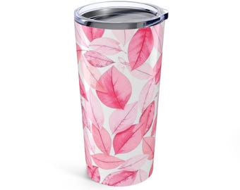 Copo elegante com folhas rosa, caneca de viagem floral, presente para amantes da natureza, copo ecológico para bebidas quentes e frias, dia das mães
