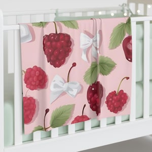 Whimsical Berry Baby Swaddle Blanket, Cute Baby Shower Gift, Nursery Decor, Raspberry Print, Soft Cotton Swaddle