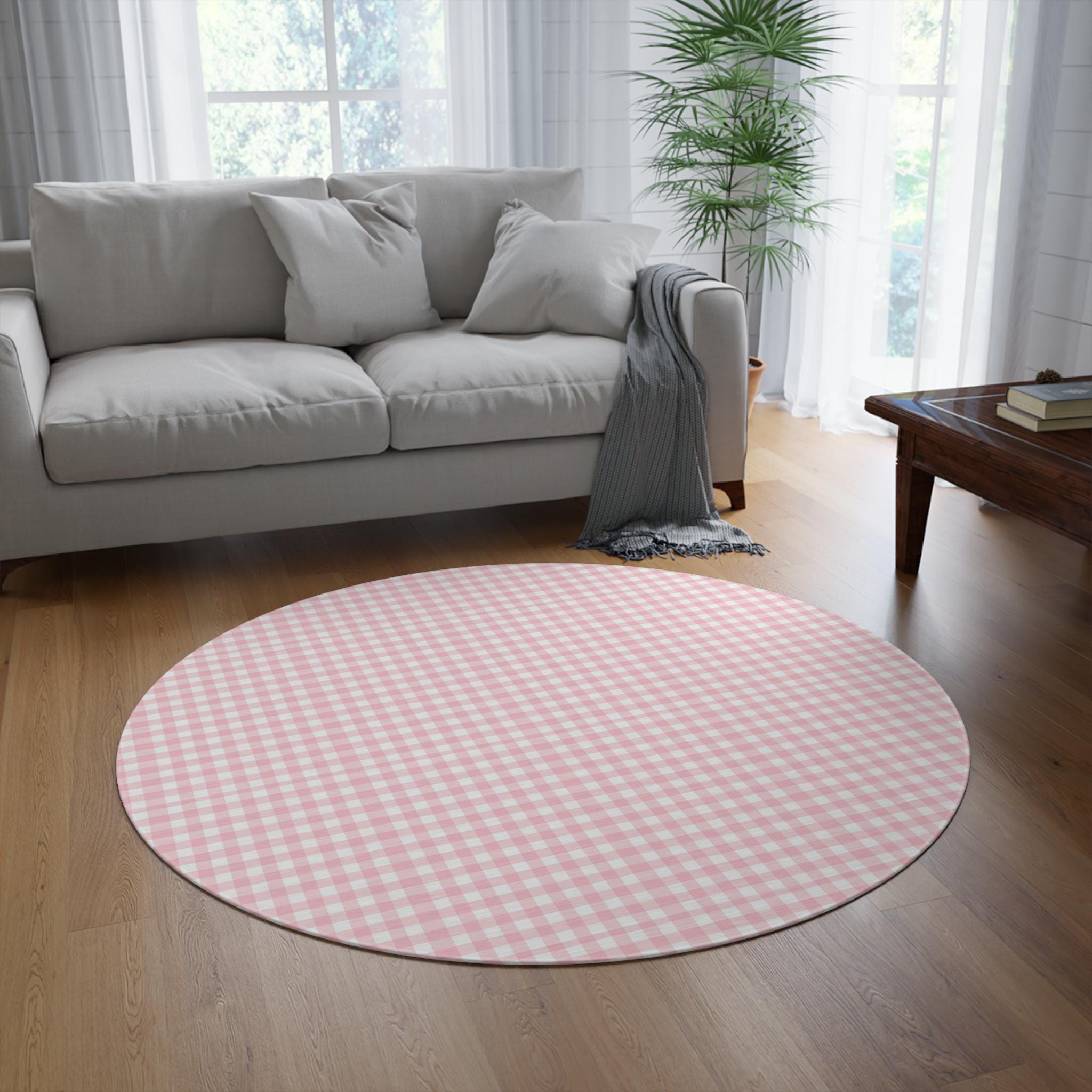 Cozy Round Rug, Soft Pink Gingham, Stylish Area Rug for Living