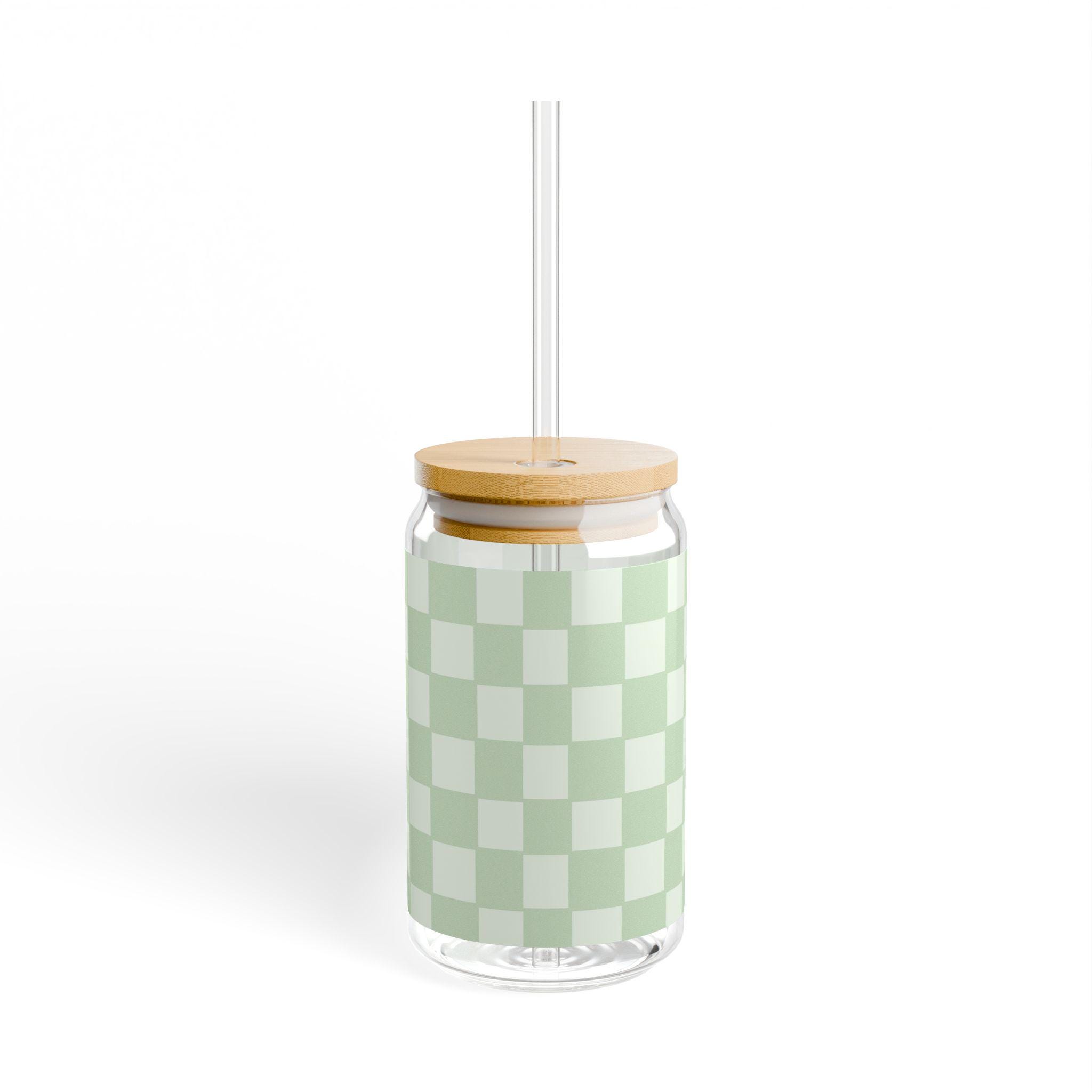 Sage Checkered Glass Tumbler Aesthetic Sage Green Checkered Glass Tumbler with Bamboo Lid & Glass Straw