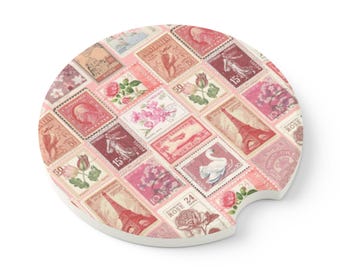 Vintage zeepstenen auto-onderzetter met bloemen, decoratieve bekerhouder, auto-accessoires, autocadeau, postzegelontwerp