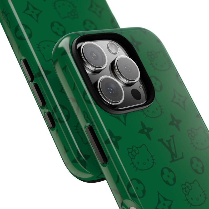 Stylish Phone Case: Tough Cases with Cute Hello Kitty Print, Trendy Accessory, Gift for Her, Phone Protection, Green Design image 2