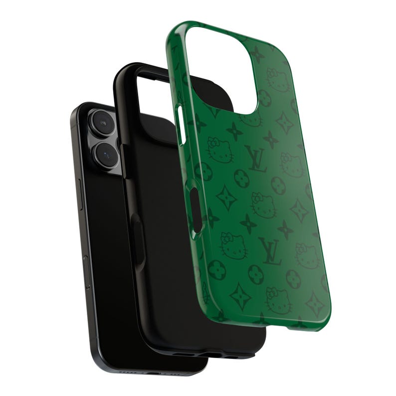 Stylish Phone Case: Tough Cases with Cute Hello Kitty Print, Trendy Accessory, Gift for Her, Phone Protection, Green Design image 3