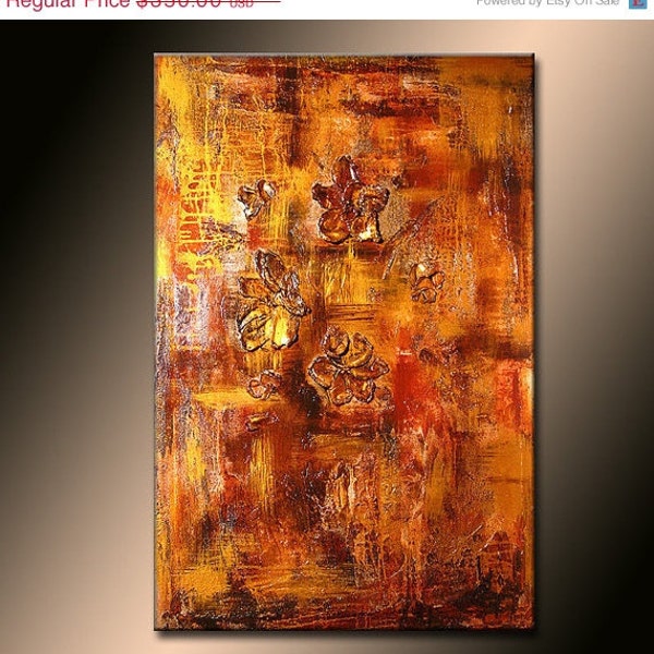 Original Textured  Metallic Gold Brown Abstract Floral Palette Knife Painting by Henry Parsinia large 36x24