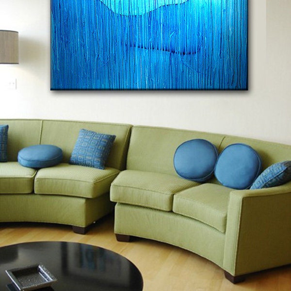 Original Modern Blue Abstract contemporary Painting by Henry Parsinia  Large 48x24