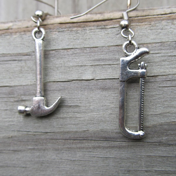 tools earrings saw hammer hipster earrings silver