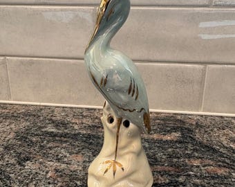 Vintage Ceramic/Pottery Heron Egret Stork 6" Gold trim Blue luster Flower frog