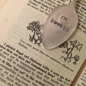 I&#39;m Booked, Bookmark, Vintage Bookmark, Stamped Spoon, Book Club Gift, Stamped Bookmark, Spoon Bookmark, Silver Bookmark Gift for her
