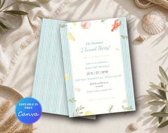 Modèle d'invitation d'été pour 30e anniversaire, invitation à une fête côtière chic (téléchargement numérique)