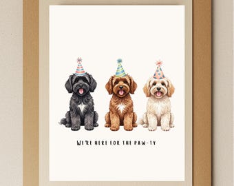 Funny Doodle Birthday Card: "We're Here for the Paw-ty", Blank Inside