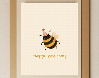 Watercolor Bumblebee Birthday Card: Happy Bee-Day Pun, Yellow Gingham