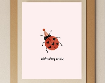 Watercolor Ladybug Birthday Card, Birthday Lady Pun Card for Her, Cute Pink Greeting Card