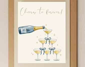 Carte de mariage Tour de champagne – « Cheers to Forever » | Carte de fiançailles ou d'anniversaire élégante