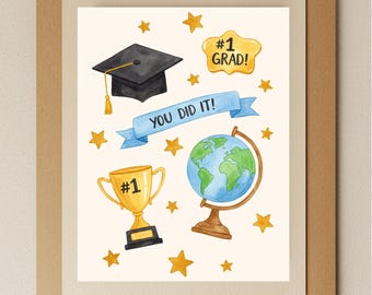 Watercolor Graduation Card: Congrats Grad Cap, Globe & Trophy