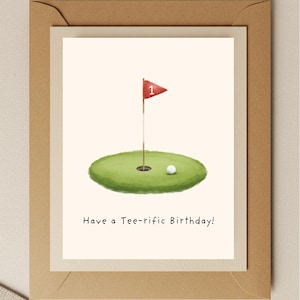 Golf Birthday Card – Tee-rific Birthday Greeting for Him, Funny Watercolor Golf Card for Dad, Friend, or Coworker