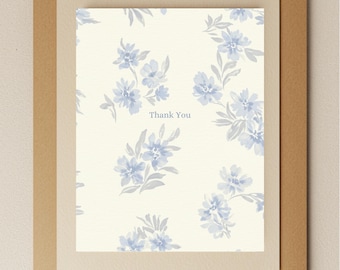 Carte de remerciement florale aquarelle élégante - motif de fleurs bleues, papeterie faite main, intérieur vierge